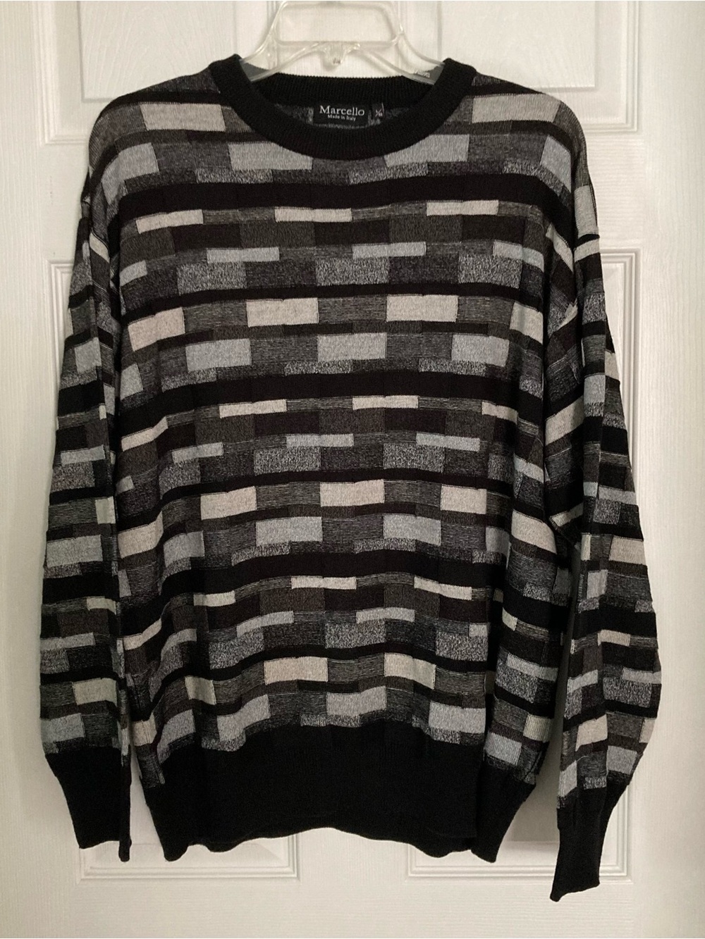 Vintage Marcello Made in Italy Men's Black & Gray Geometric Pattern Knit Sweater